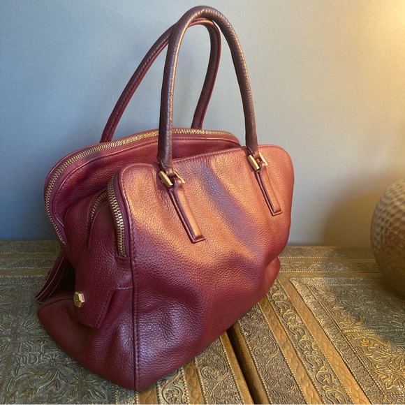 Tory Burch bag satchel leather handles spacious compartments burgundy red - Picture 7 of 16